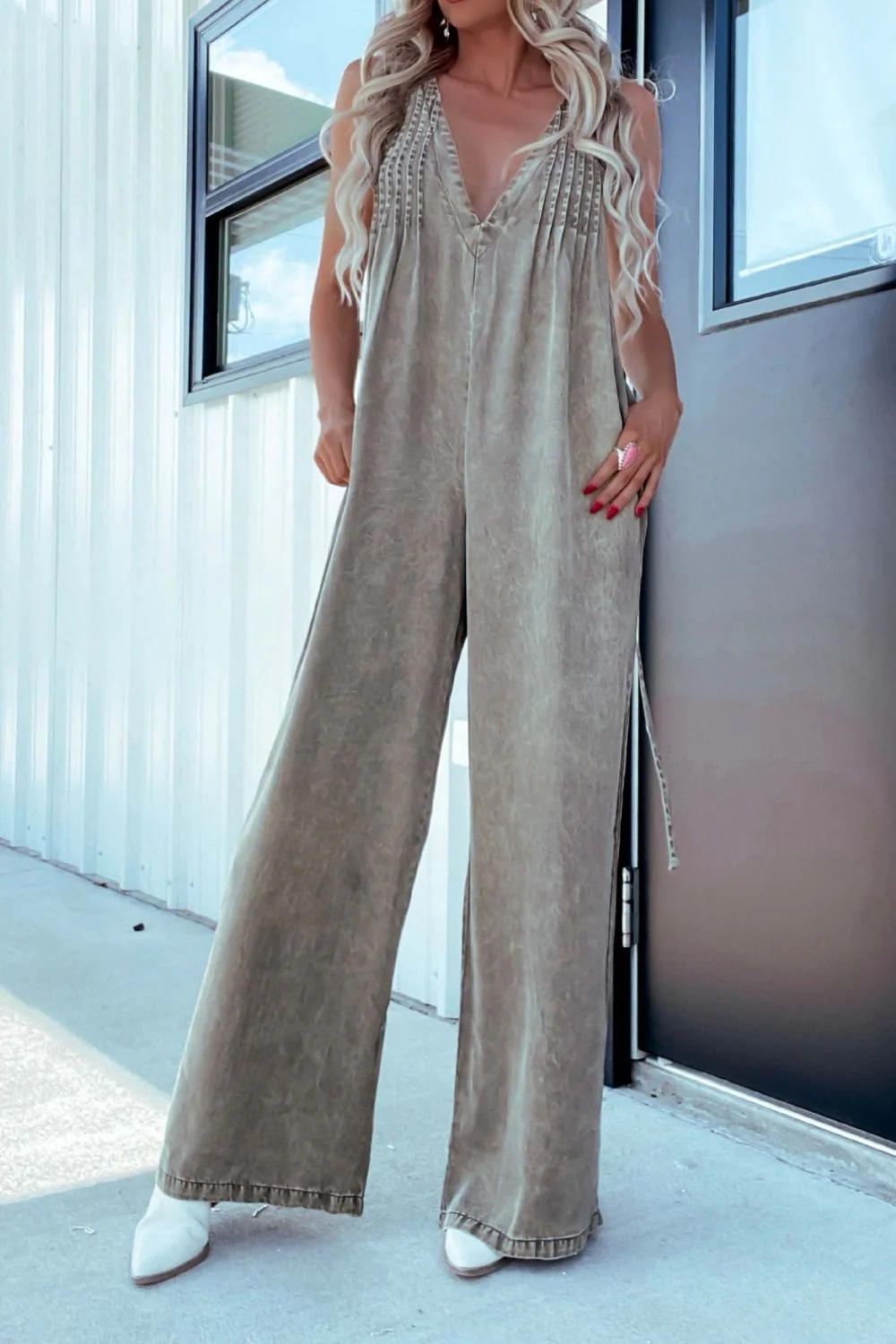 V-Neck Wide Leg Denim Jumpsuit - Image 7
