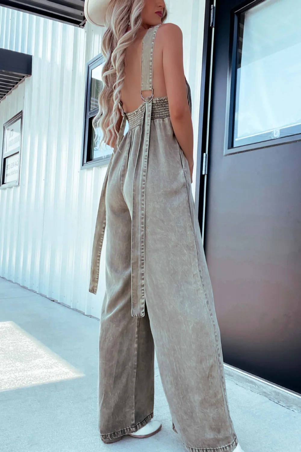 V-Neck Wide Leg Denim Jumpsuit - Image 9