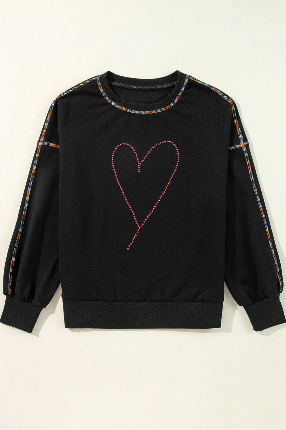 Valentine’s Day Rhinestone Heart Round Neck Long Sleeve Sweatshirt - Image 5