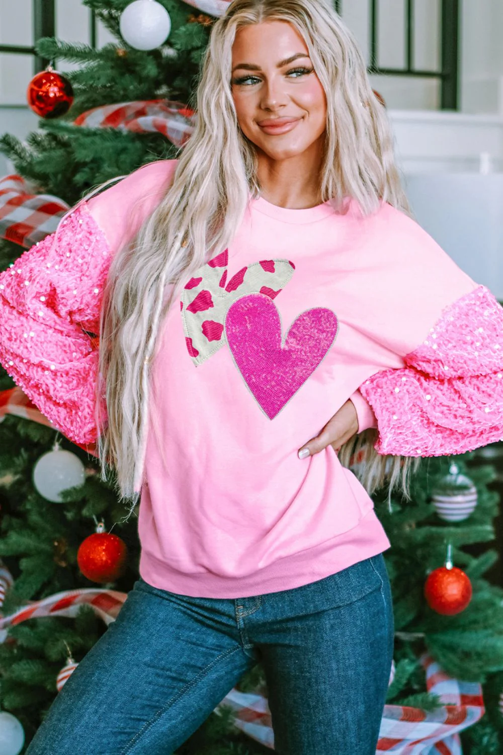 Valentine’s Day Sequin Heart Long Sleeve Sweatshirt - Image 3