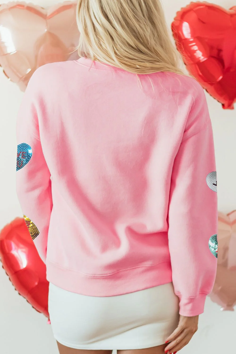 Valentine’s Day Sequin Heart Round Neck Long Sleeve Sweatshirt - Image 4