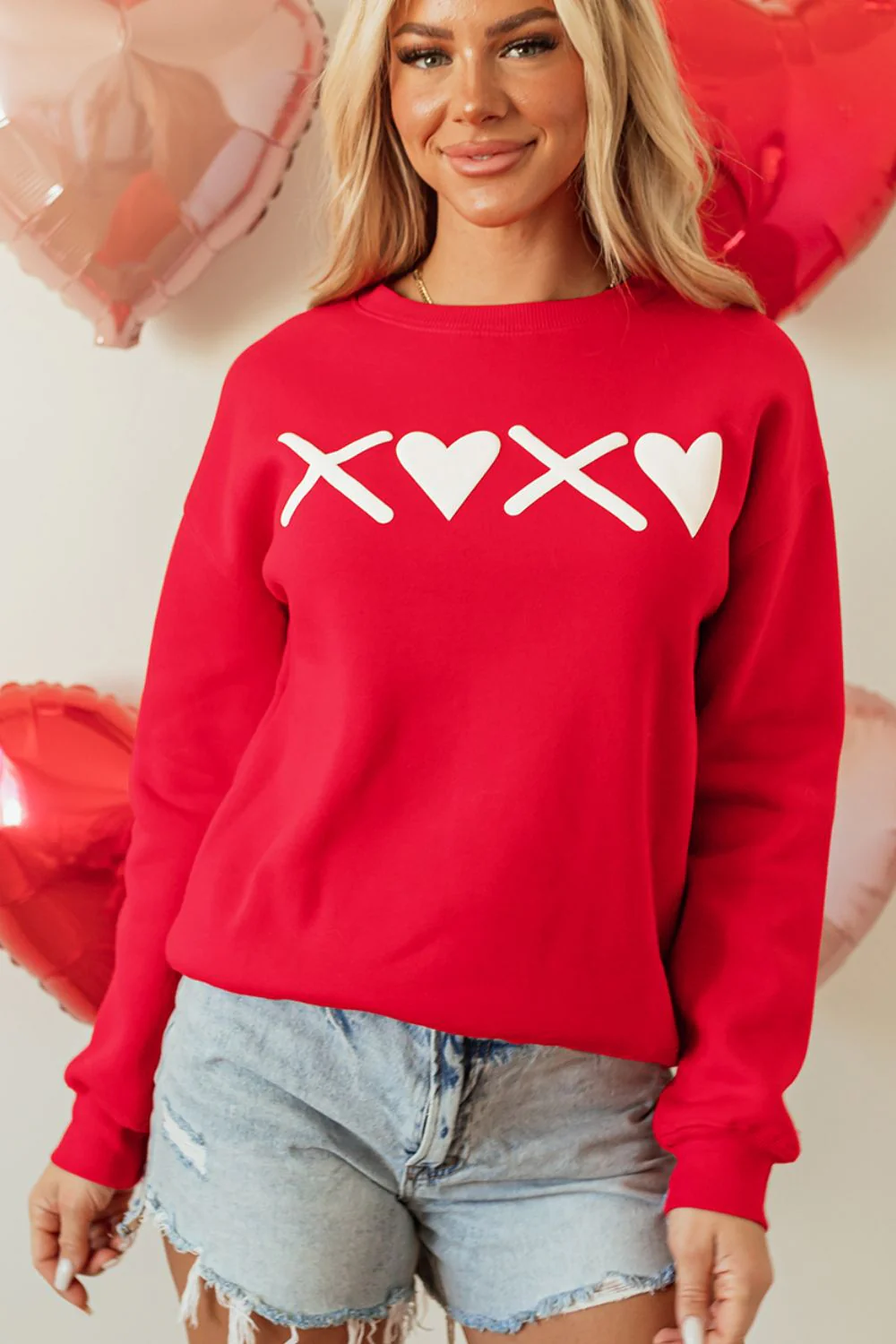 Valentine’s Day XOXO Round Neck Drop Shoulder Sweatshirt - Image 2