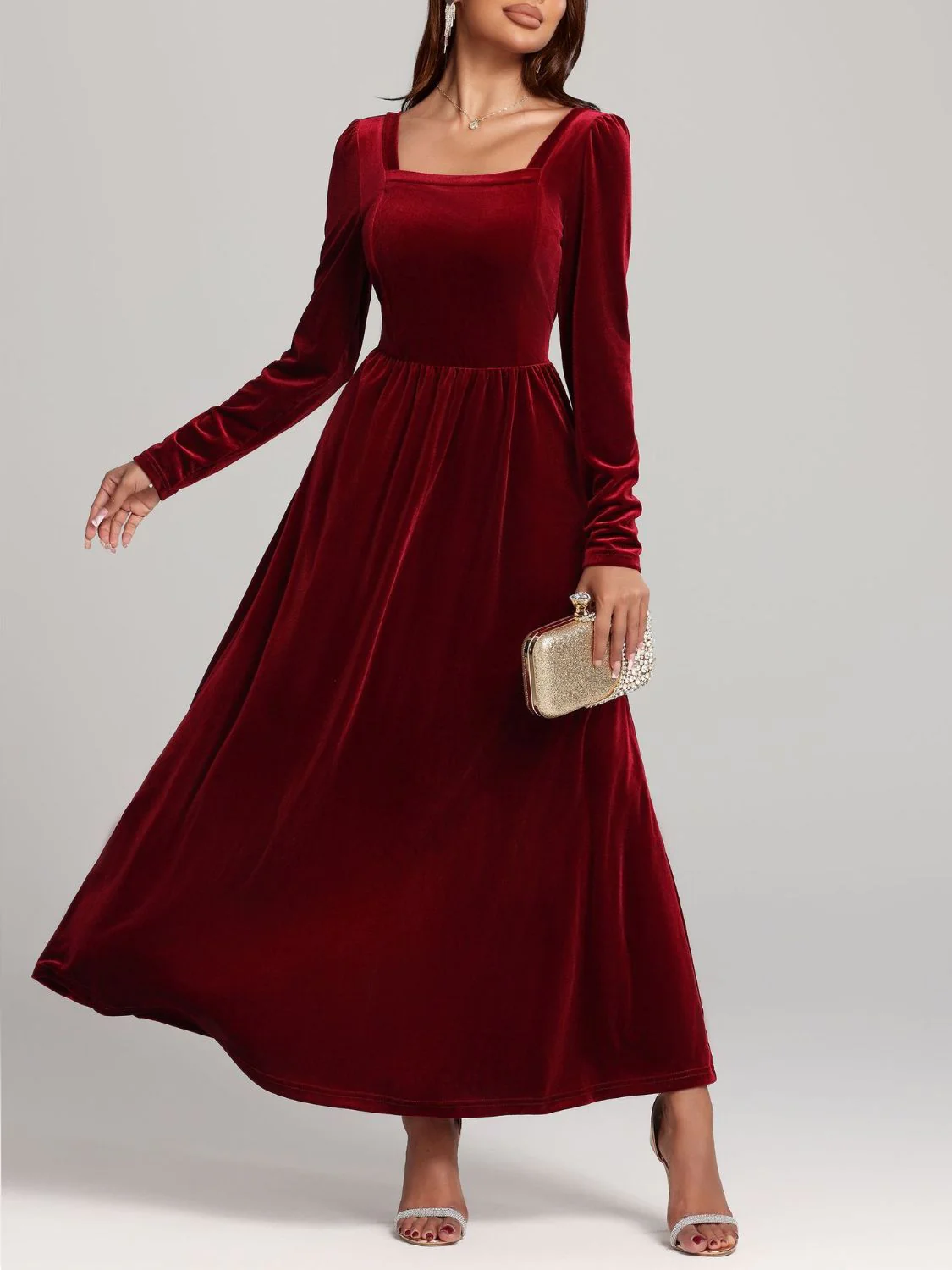Velvet Square Neck Long Sleeve Dress - Image 10