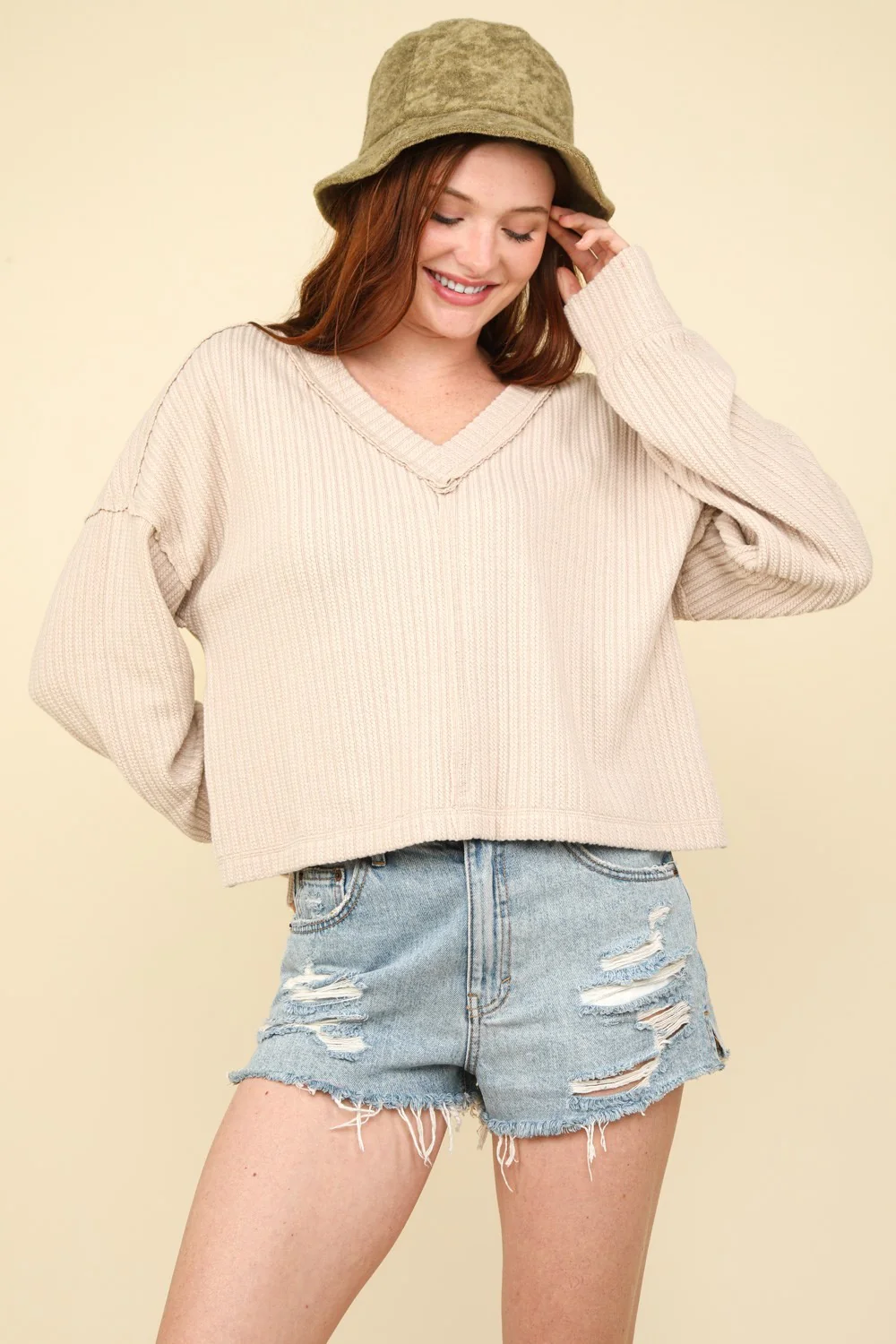 VERY J Exposed Seam V-Neck Ribbed Knit Top - Image 3