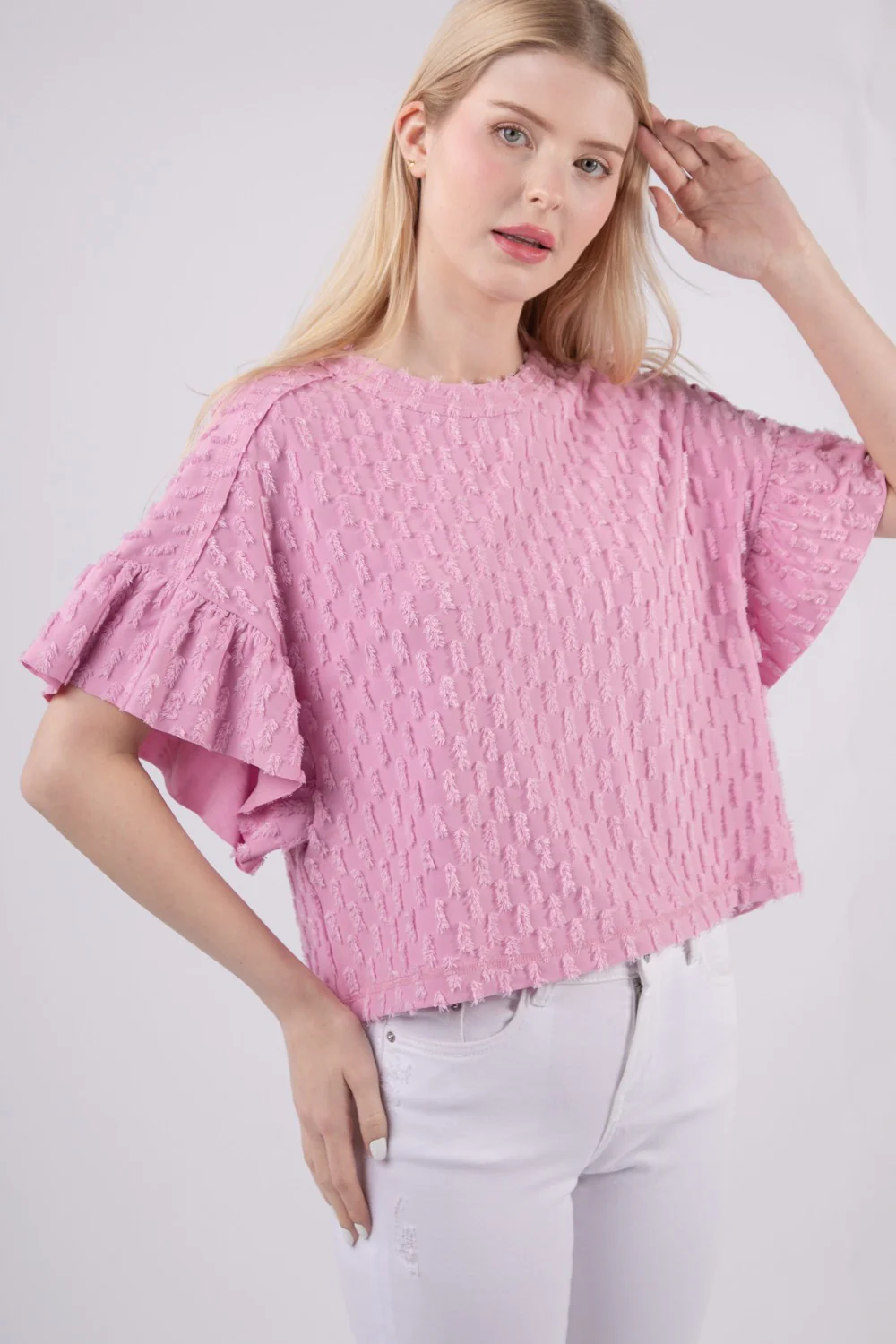 VERY J Full Size Texture Ruffle Short Sleeve Top - Image 4