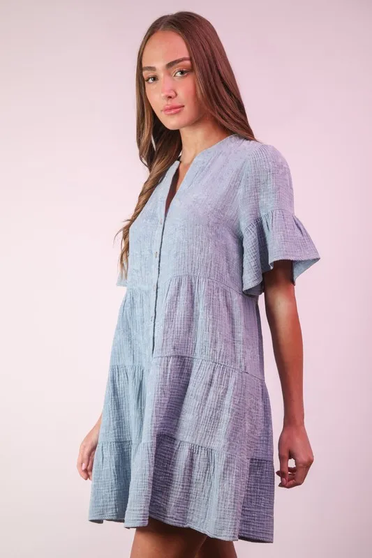 VERY J Mineral Washed Baby Bell Sleeve Woven Mini Dress - Image 2