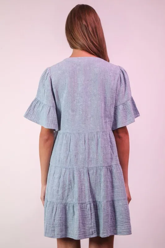 VERY J Mineral Washed Baby Bell Sleeve Woven Mini Dress - Image 3