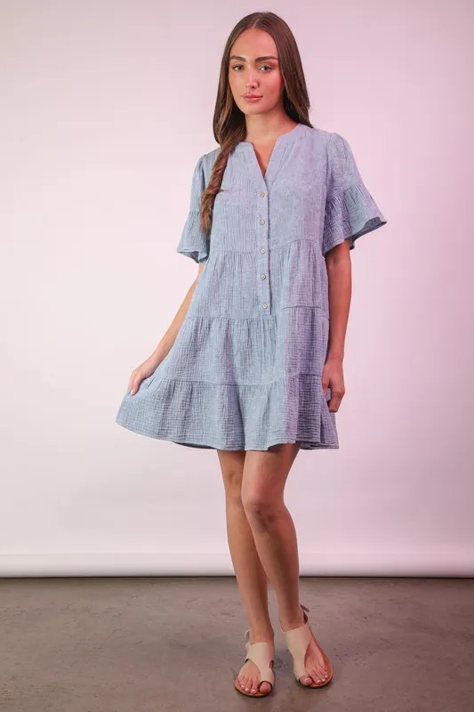VERY J Mineral Washed Baby Bell Sleeve Woven Mini Dress - Image 4