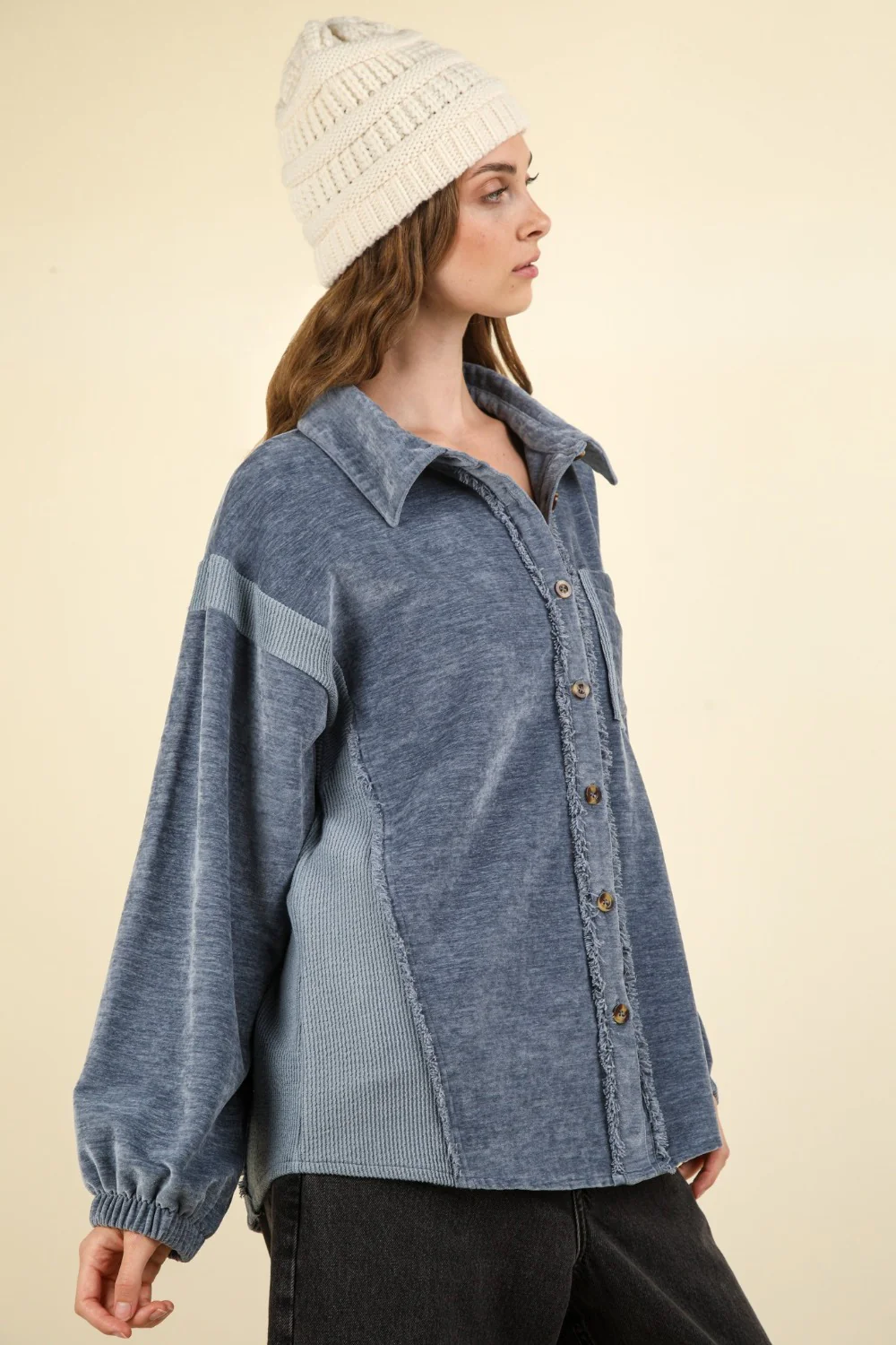 VERY J Mixed Media Button Down Raw Hem Jacket - Image 3