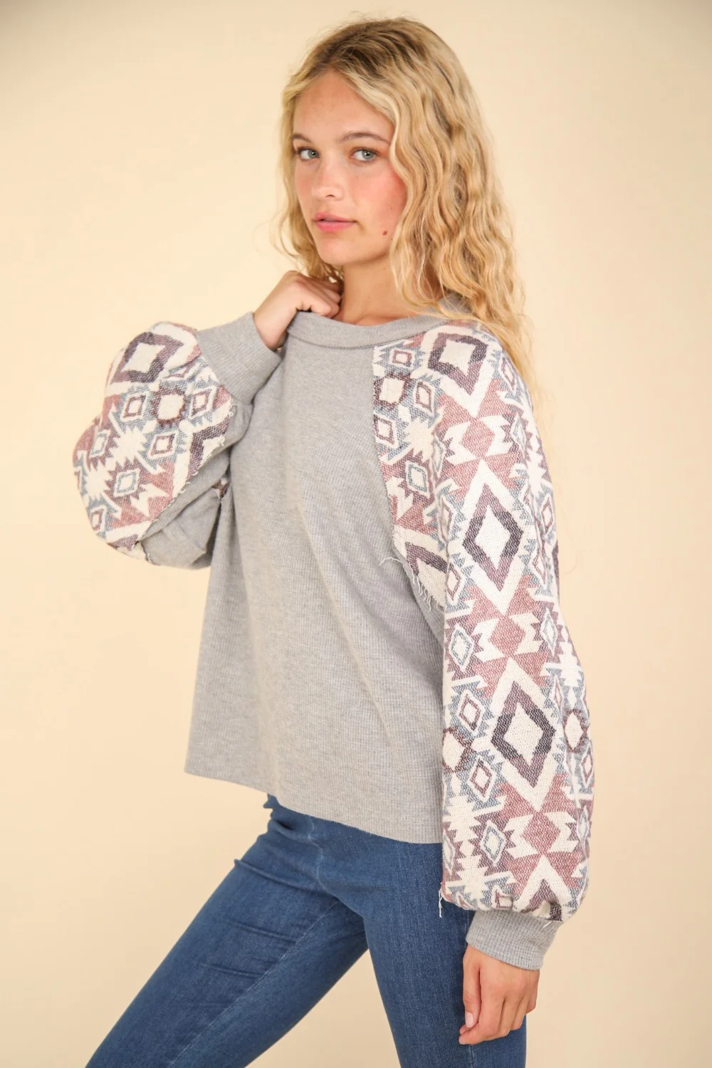 VERY J Printed Long Sleeve Round Neck Knit Top - Image 3