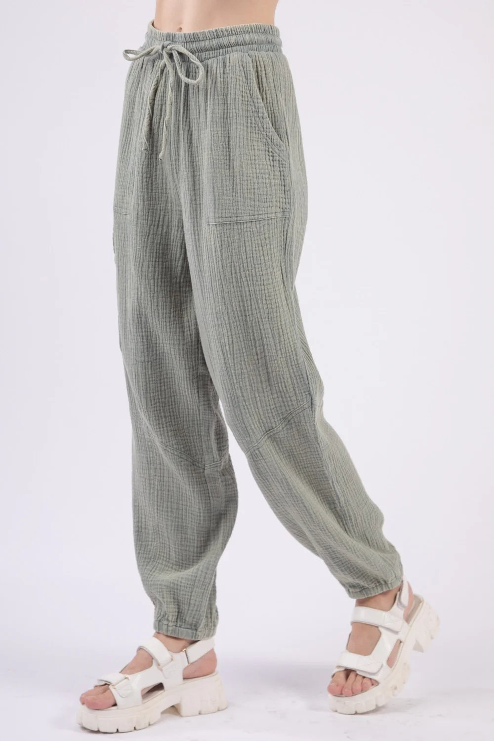 VERY J Washed Woven Crinkle Gauze Drawstring Pants - Image 4