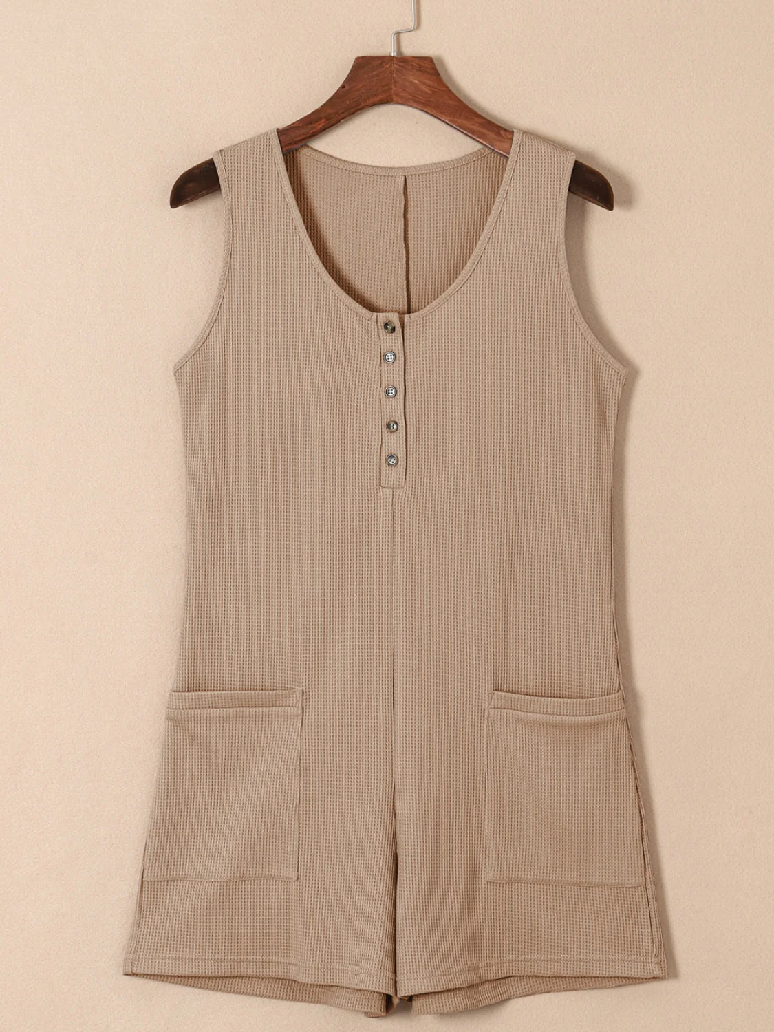Waffle-Knit Half Button Sleeveless Romper with Pockets - Image 8