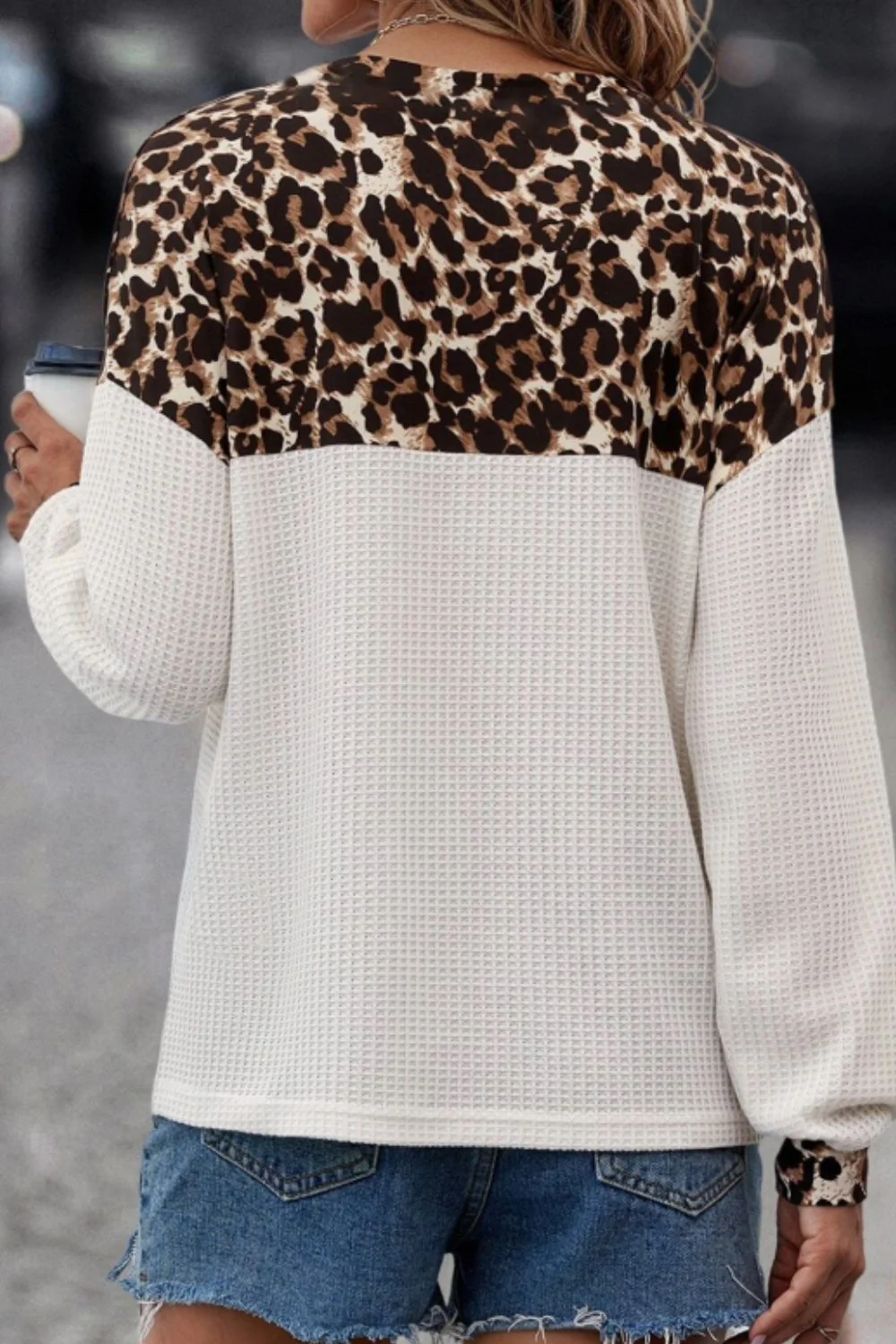 Waffle-Knit Leopard V-Neck Long Sleeve Blouse - Image 3