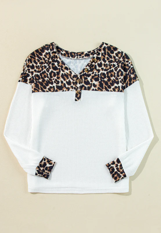 Waffle-Knit Leopard V-Neck Long Sleeve Blouse - Image 4