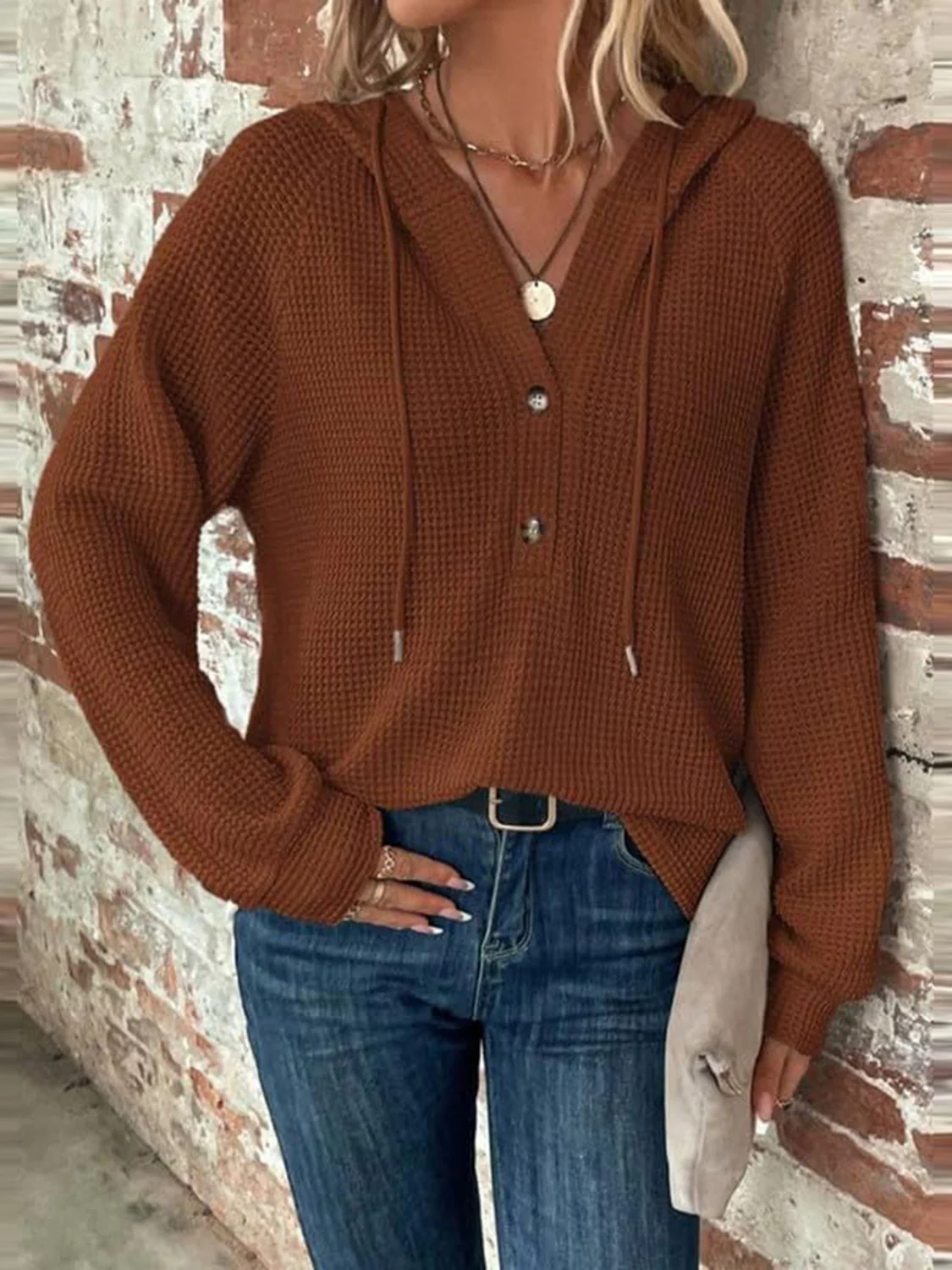 Waffle Knit Long Sleeve Drawstring Hooded Top - Image 31