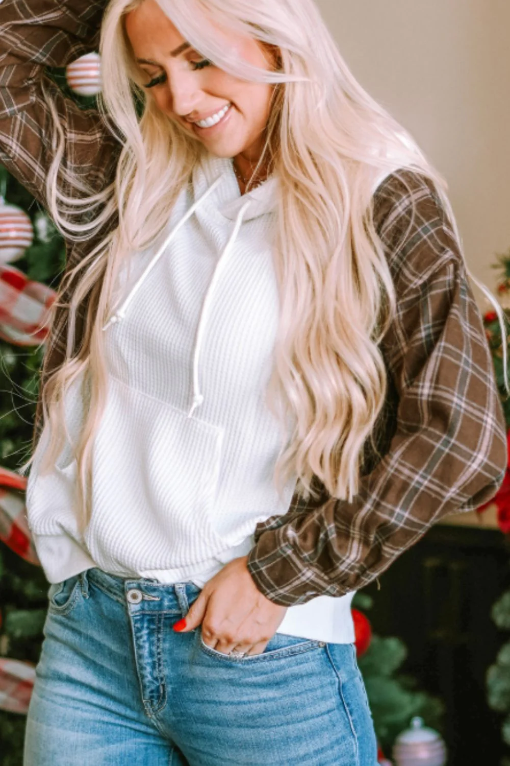Waffle Knit Plaid Long Sleeve Kangaroo Pocket Hoodie - Image 5