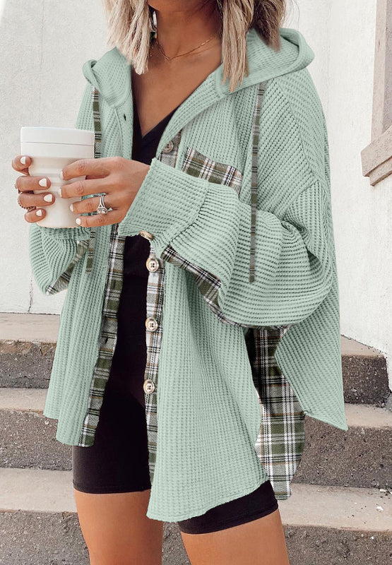 Waffle Knit Plaid Patchwork Drawstring Hooded Shacket - Image 16