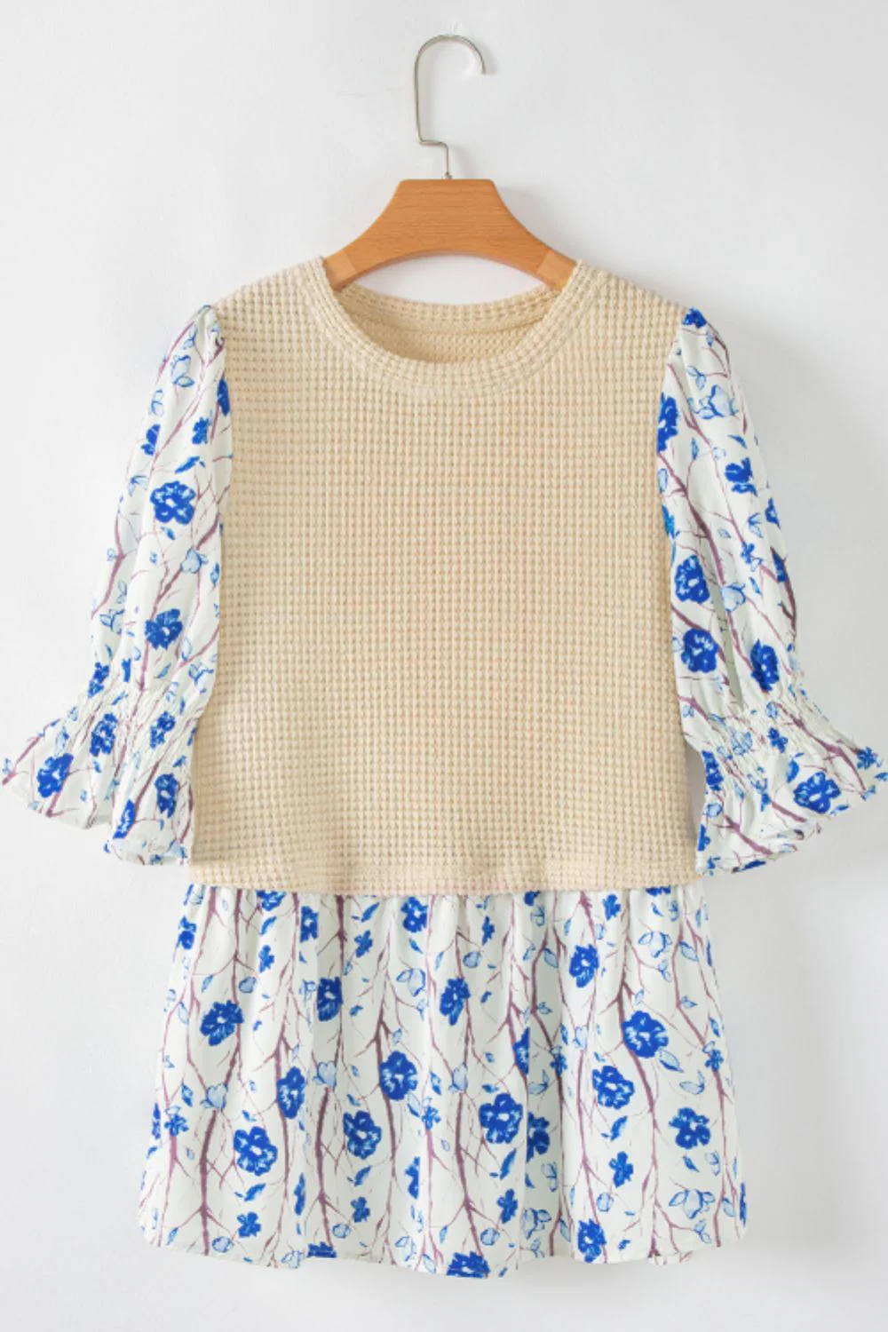 Waffle-Knit Printed Round Neck Flounce Sleeve Blouse - Image 3