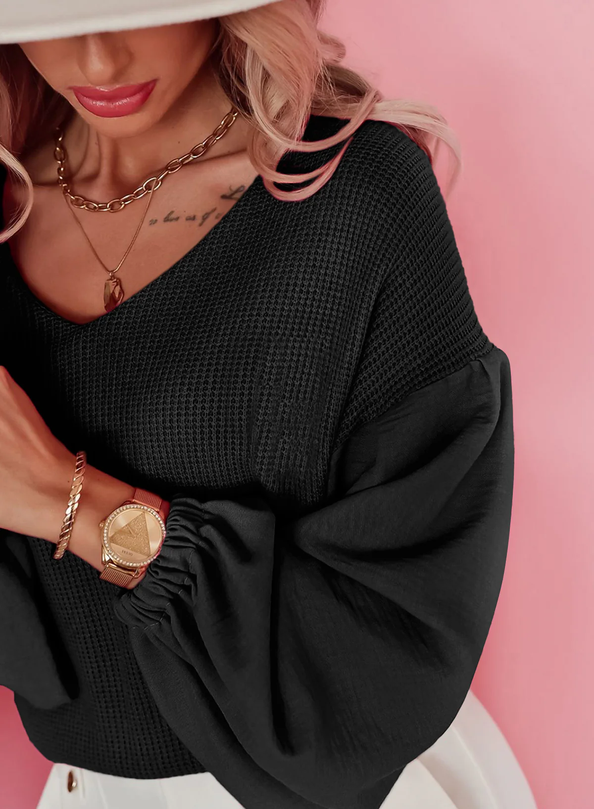 Waffle-Knit V-Neck Long Sleeve Blouse - Image 15