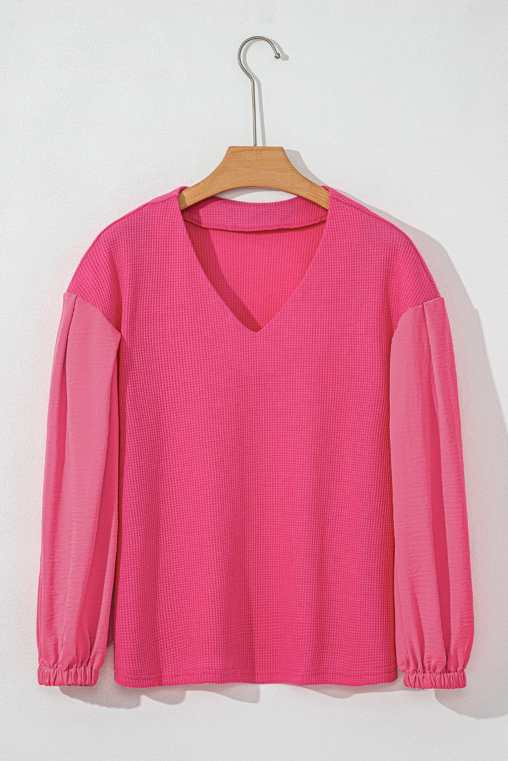 Waffle-Knit V-Neck Long Sleeve Blouse - Image 6