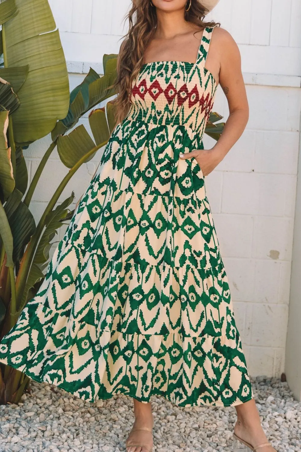 Western Aztec Shirred A-line Sleeveless Maxi Dress - Image 2