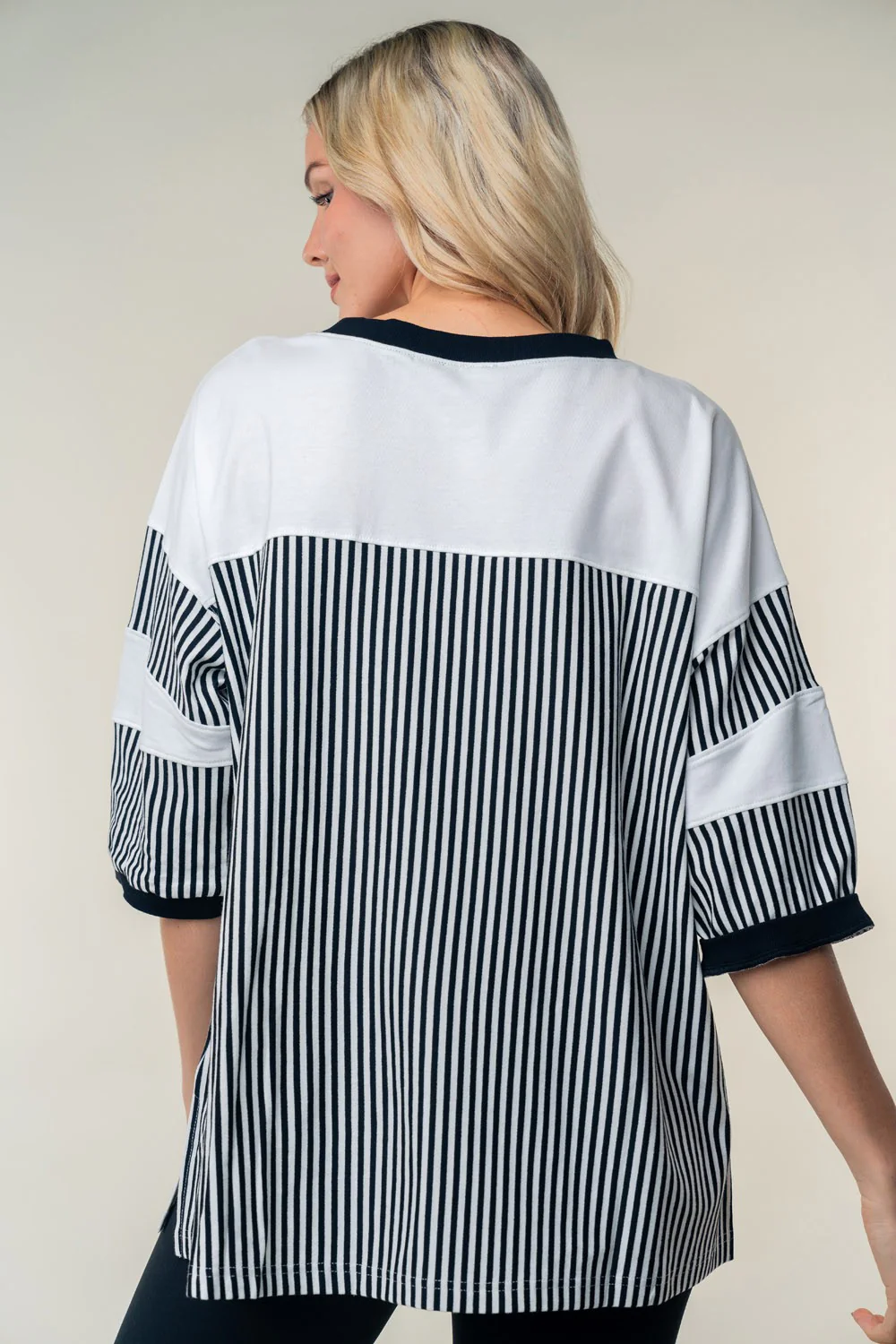 White Birch Full Size Striped Contrast Round Neck Top - Image 2