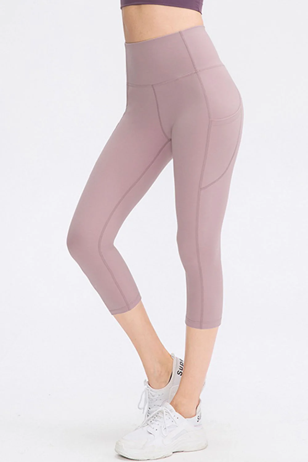 Wide Waistband Cropped Active Leggings with Pockets - Image 3