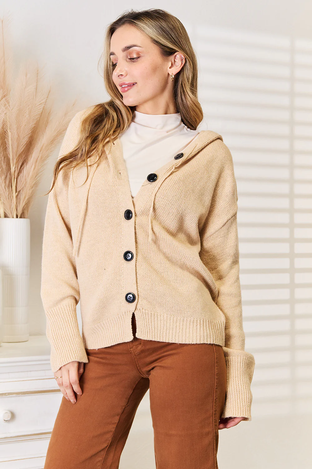 Woven Right Button-Down Long Sleeve Hooded Sweater - Image 5