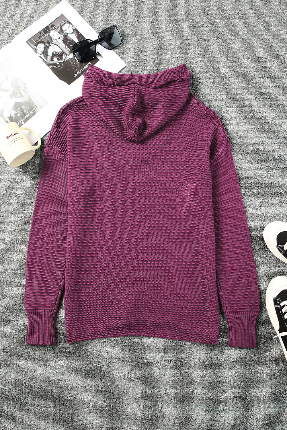 Woven Right Horizontal Ribbing Fringe Trim Hooded Sweater - Image 7