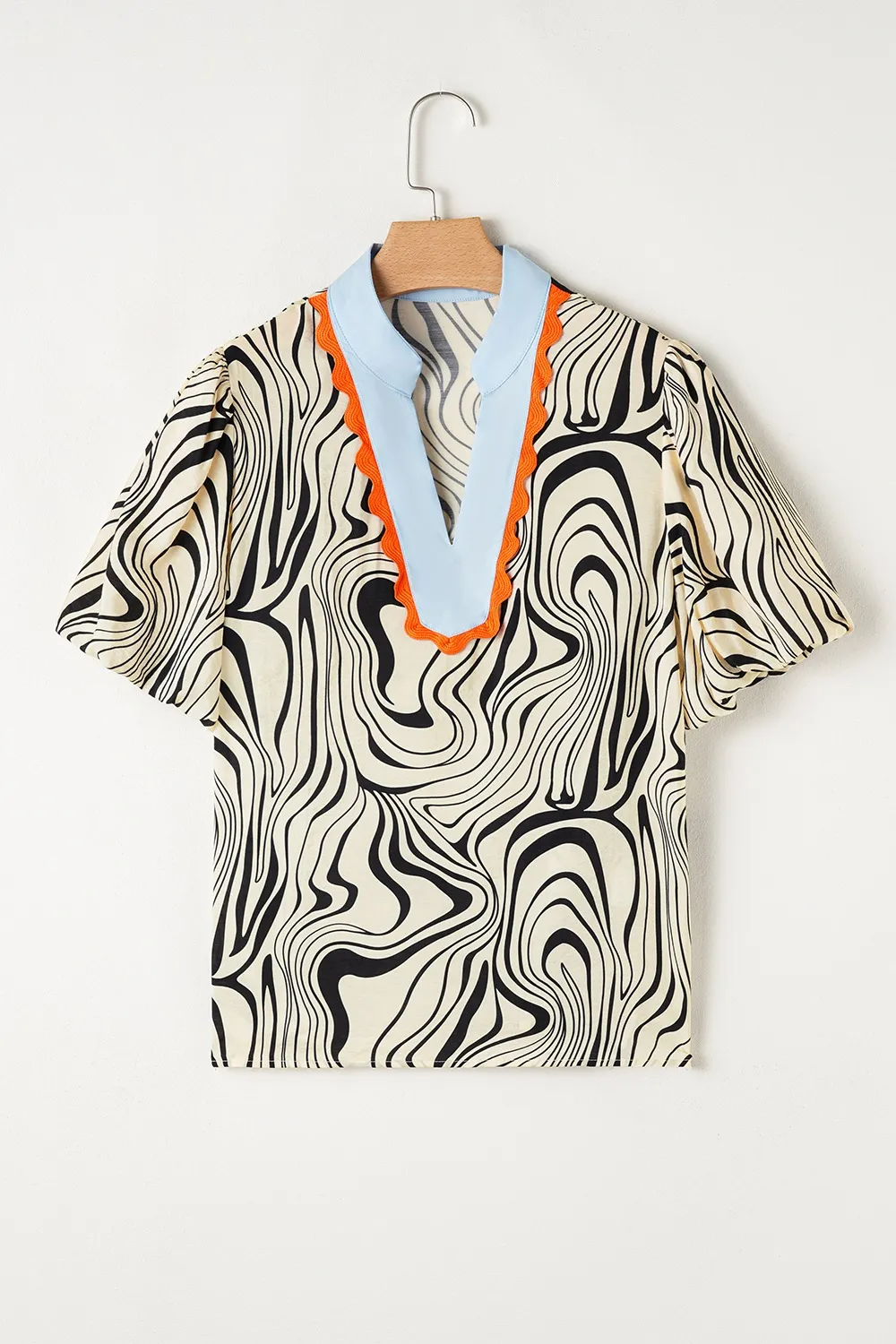 Zebra Stripe Print Contrast V-Neck Ricrac Detail Short Sleeve Blouse Top - Image 4
