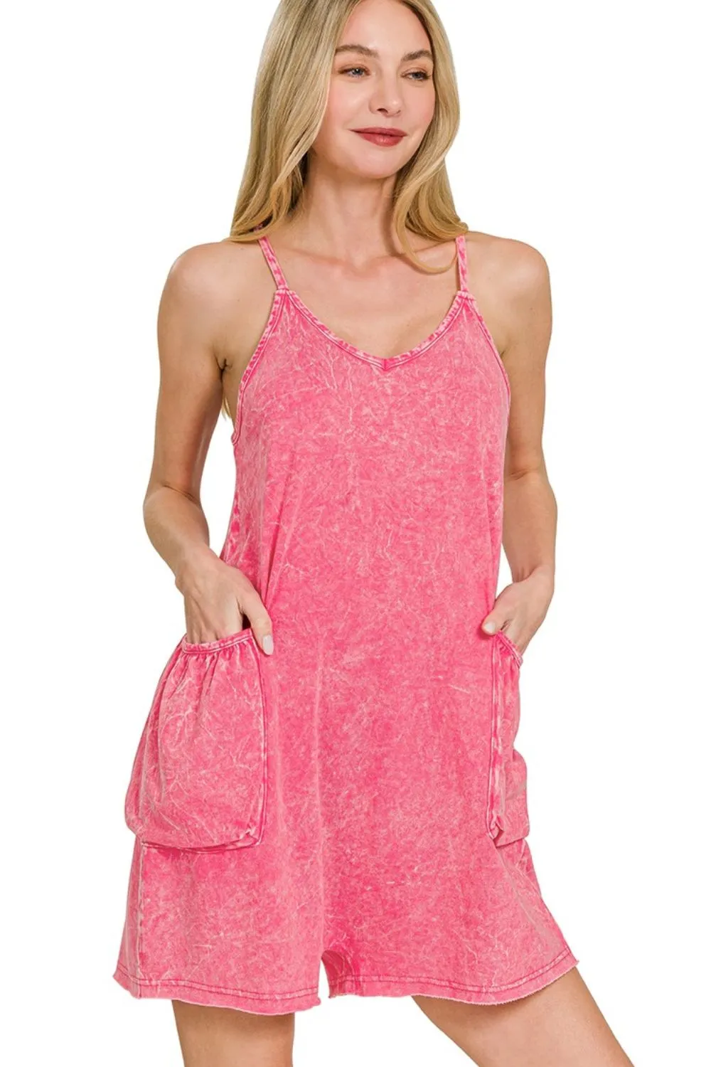Zenana Acid Crinkle Washed Spaghetti Strap Romper - Image 2