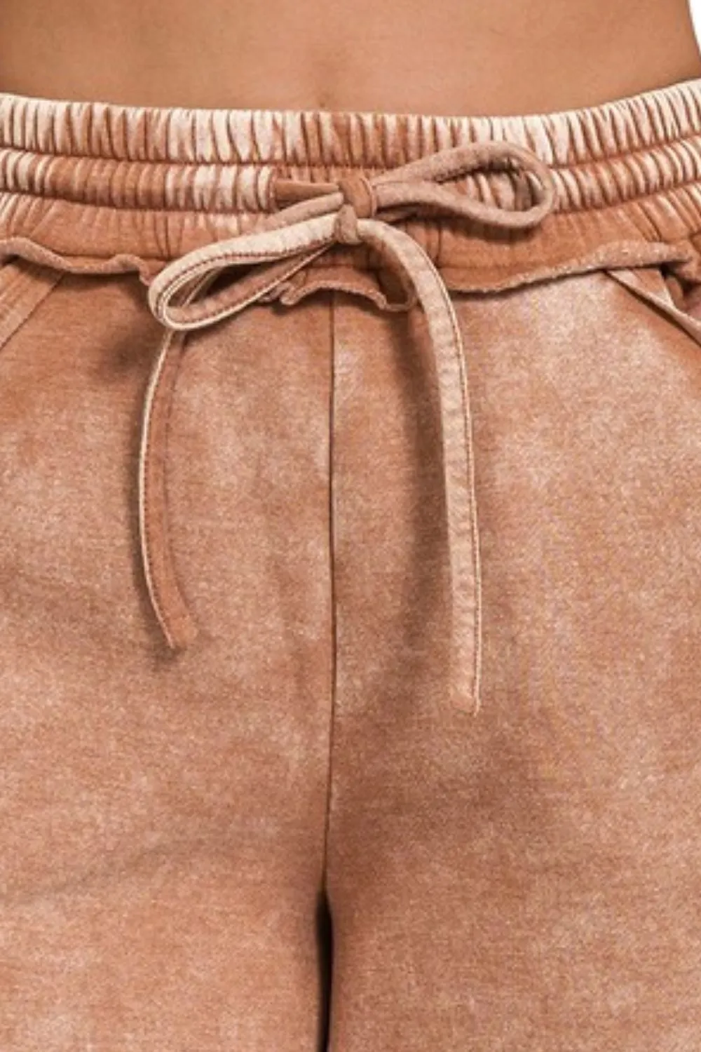 Zenana Acid Wash Fleece Drawstring Shorts With Pockets - Image 3