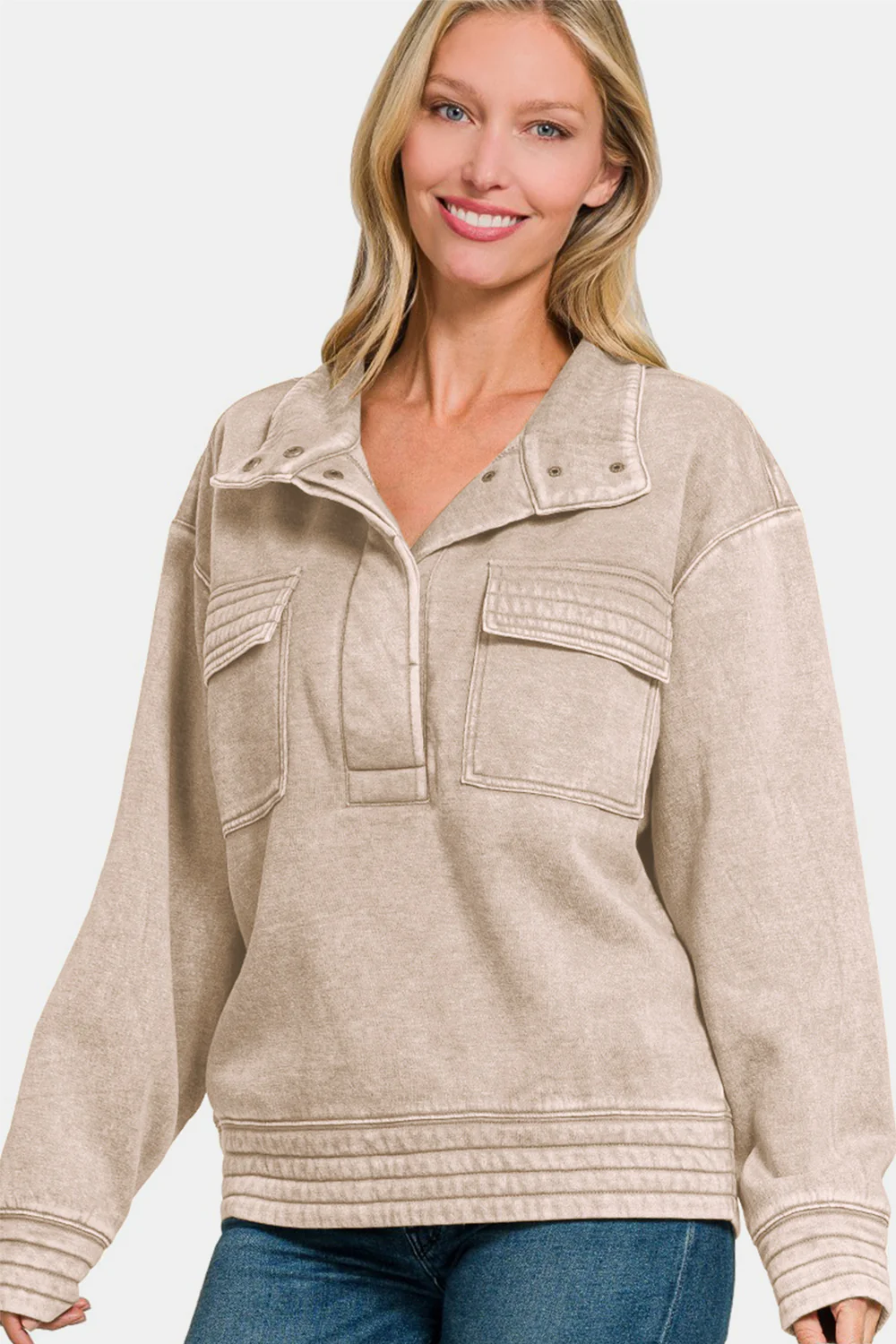 Zenana Acid Washed Half Snap Fleece Sweatshirt - Image 3