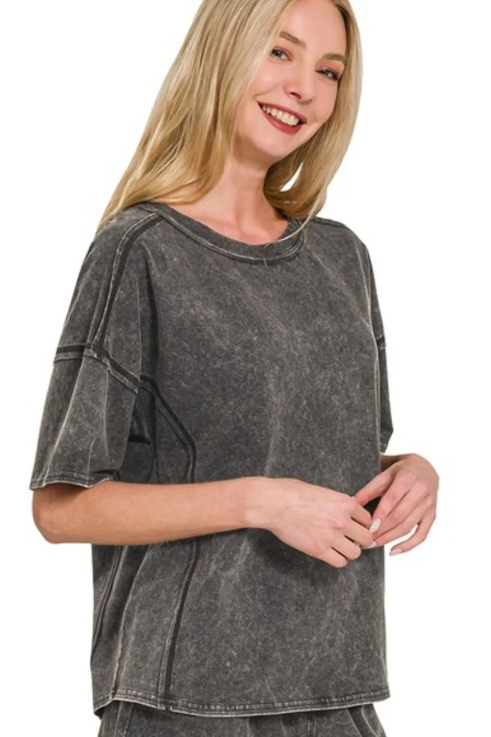 Zenana Acid Washed Short Sleeve Tee & Shorts Set - Image 2