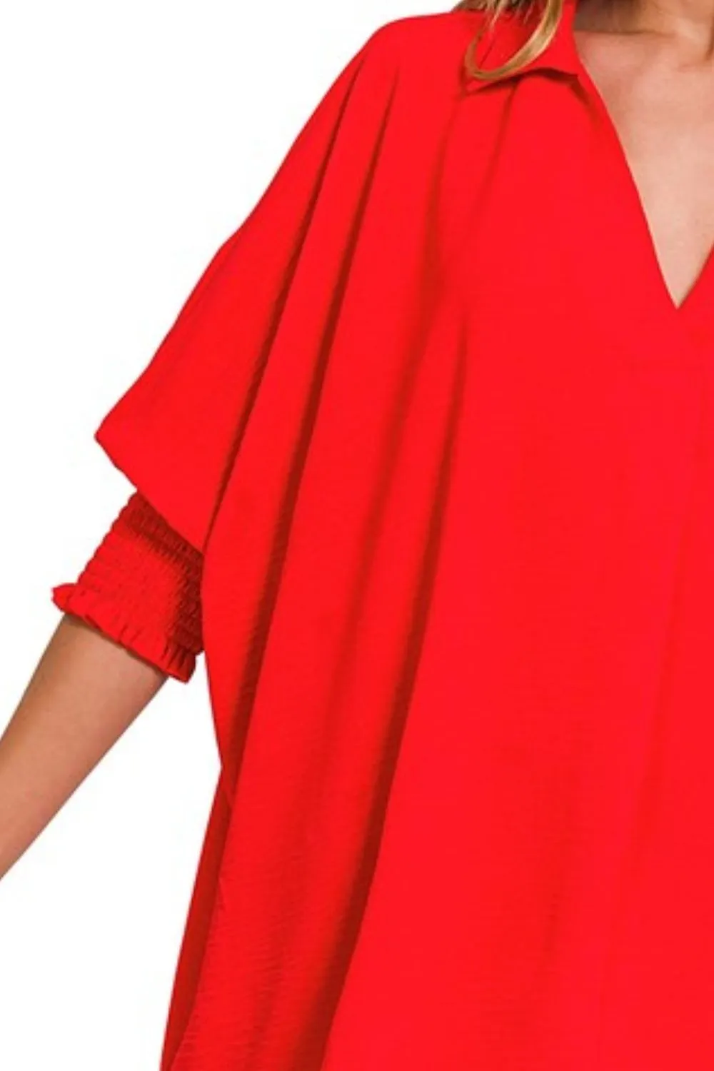 Zenana Airflow Collar Tee with Smocked Sleeve Band Top - Image 3