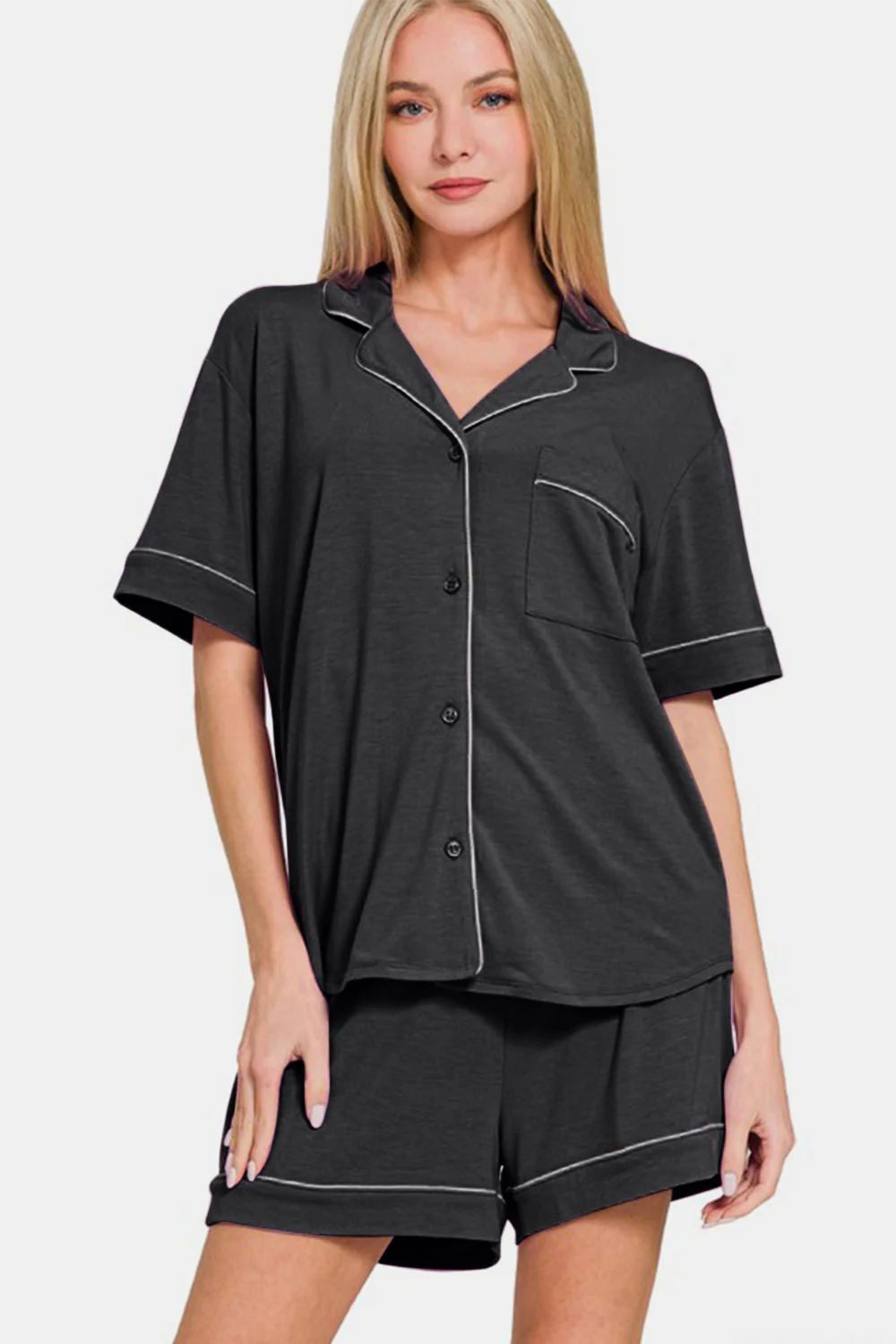 Zenana Button Down Short Sleeve Top and Shorts Lounge Set - Image 3