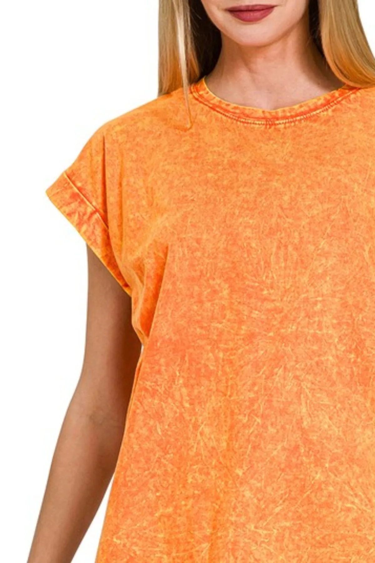 Zenana Crinkle Washed Round Neck Folded Short Sleeve Tee - Image 2