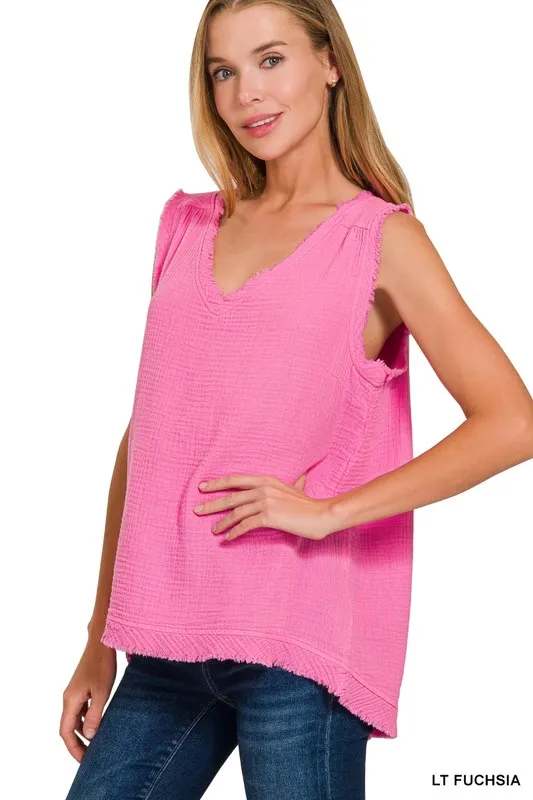 Zenana Double Gauze Raw Edge V-Neck Tank - Image 2
