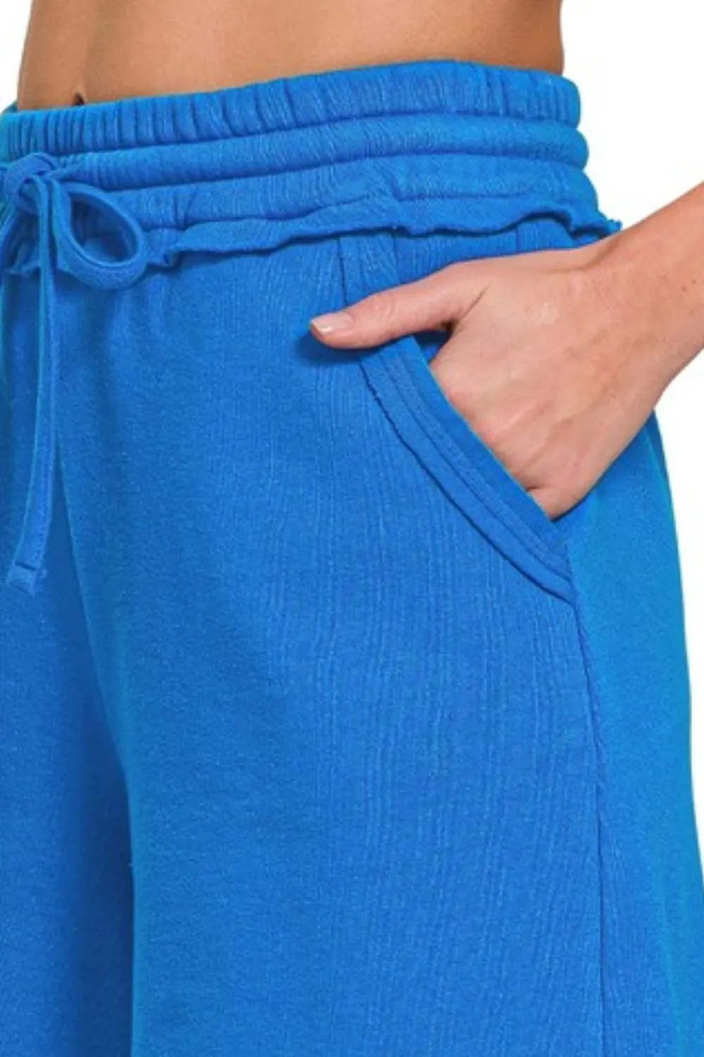 Zenana Fleece Raw Hem Shorts With Draw String - Image 2