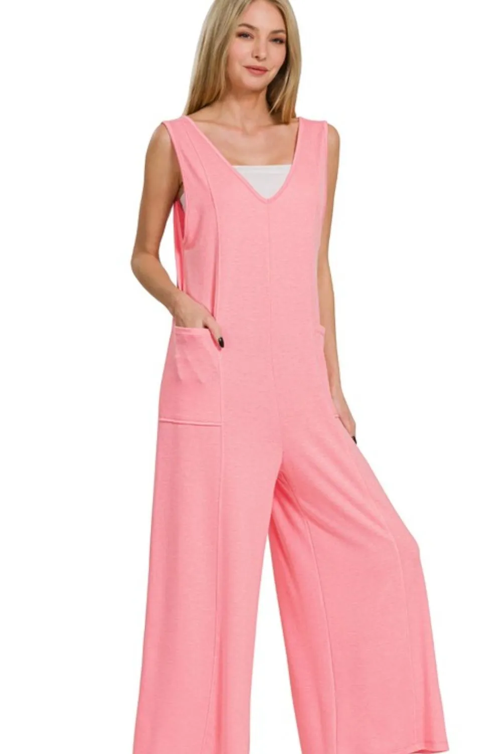 Zenana French Terry Deep V Neck Jumpsuits - Image 2