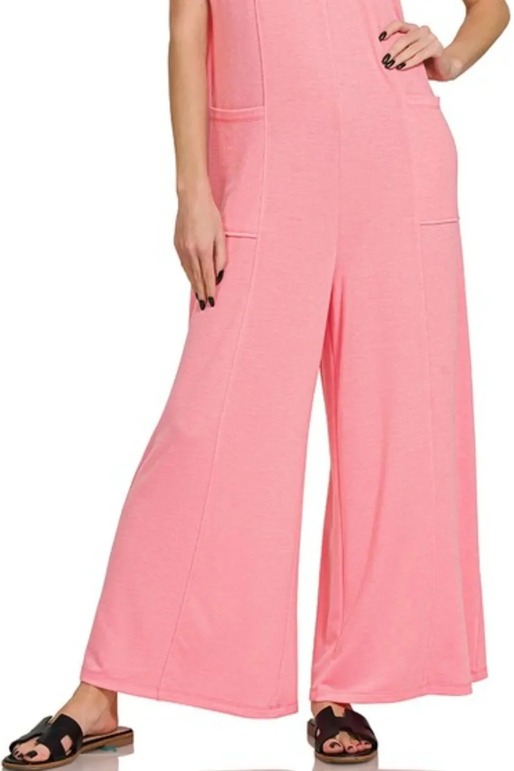 Zenana French Terry Deep V Neck Jumpsuits - Image 3