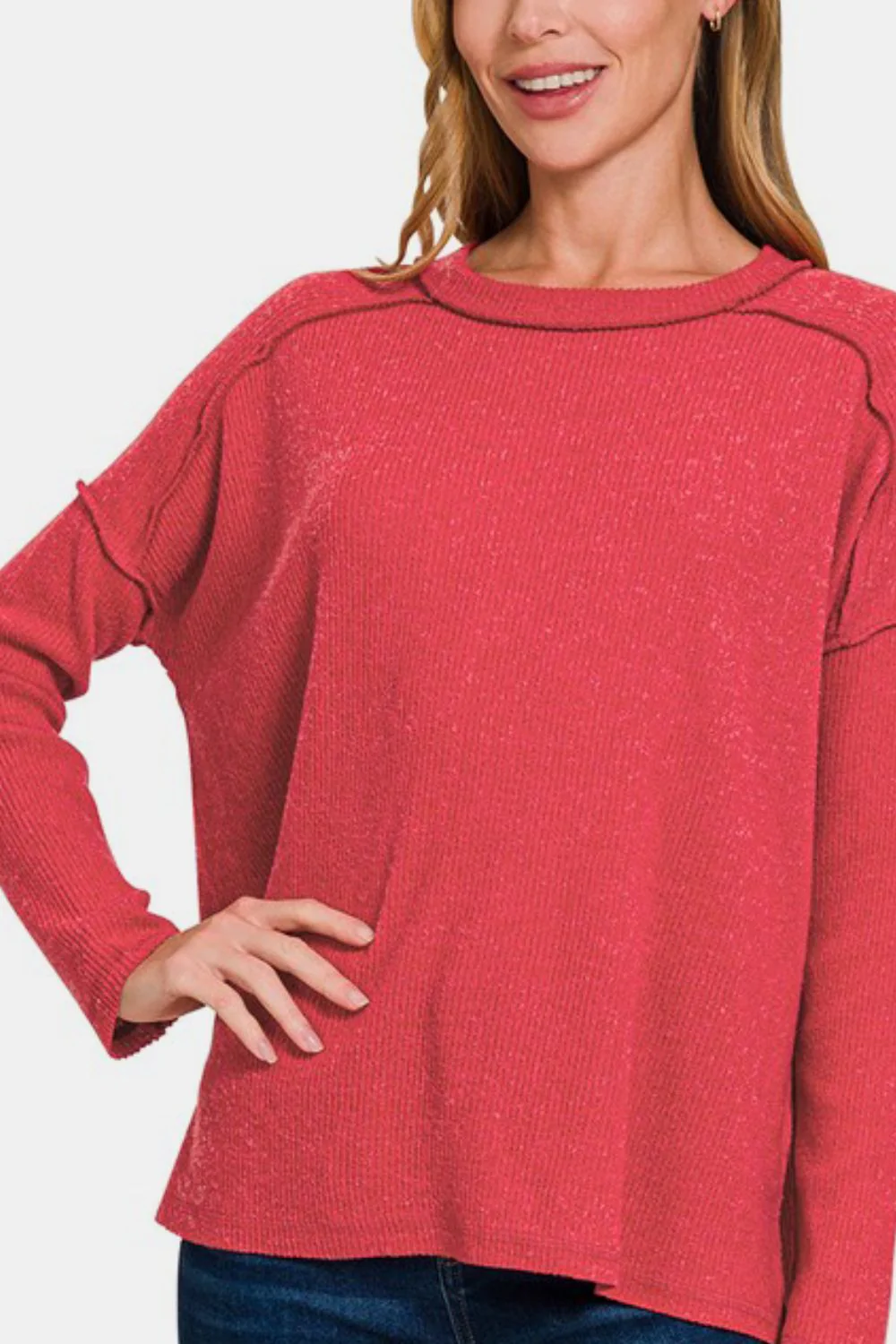 Zenana Full Size Exposed Seam Brushed Round Neck Sweater - Image 2