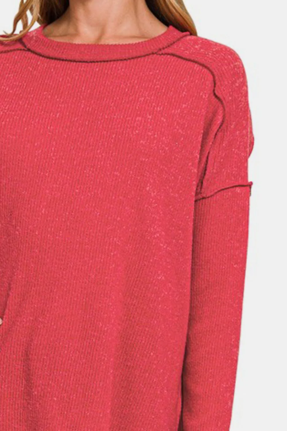 Zenana Full Size Exposed Seam Brushed Round Neck Sweater - Image 3