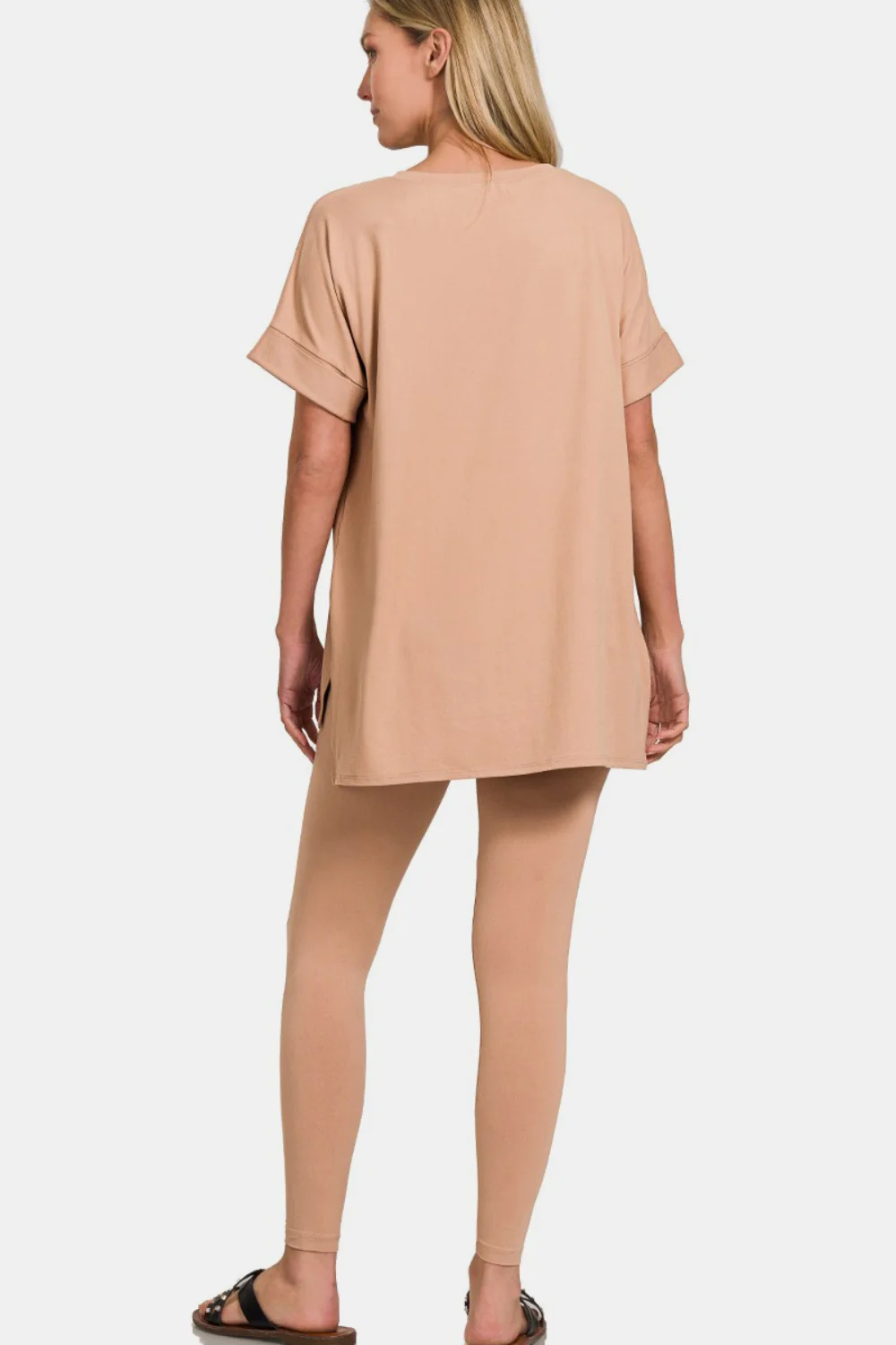 Zenana Full Size V-Neck Rolled Short Sleeve T-Shirt and Leggings Lounge Set - Image 2