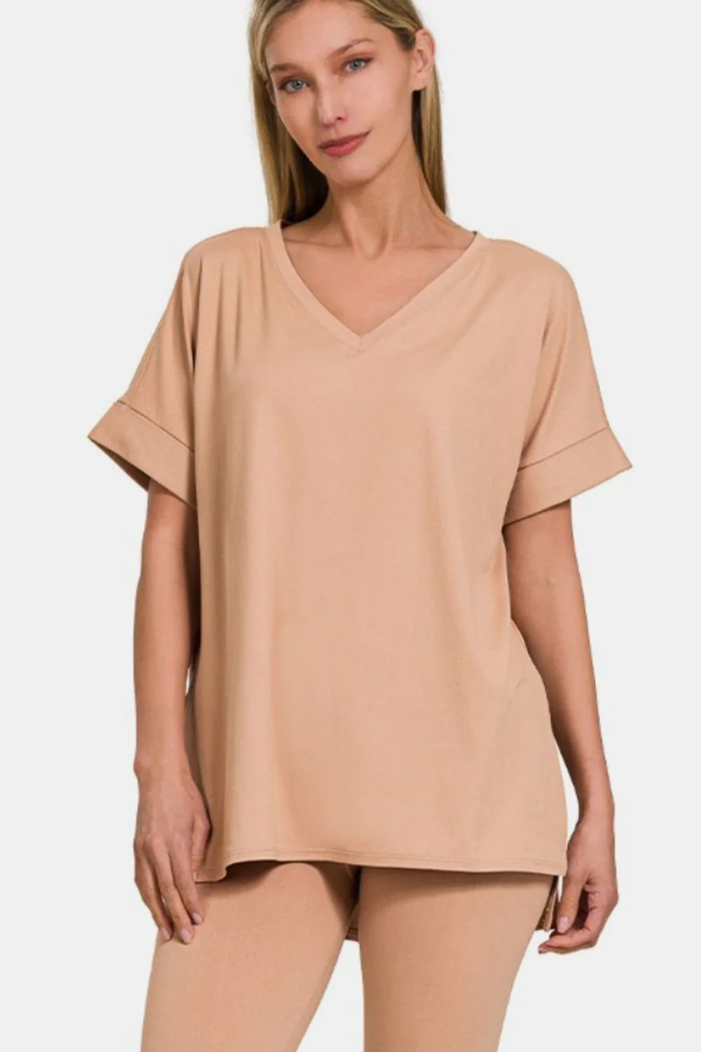 Zenana Full Size V-Neck Rolled Short Sleeve T-Shirt and Leggings Lounge Set - Image 3