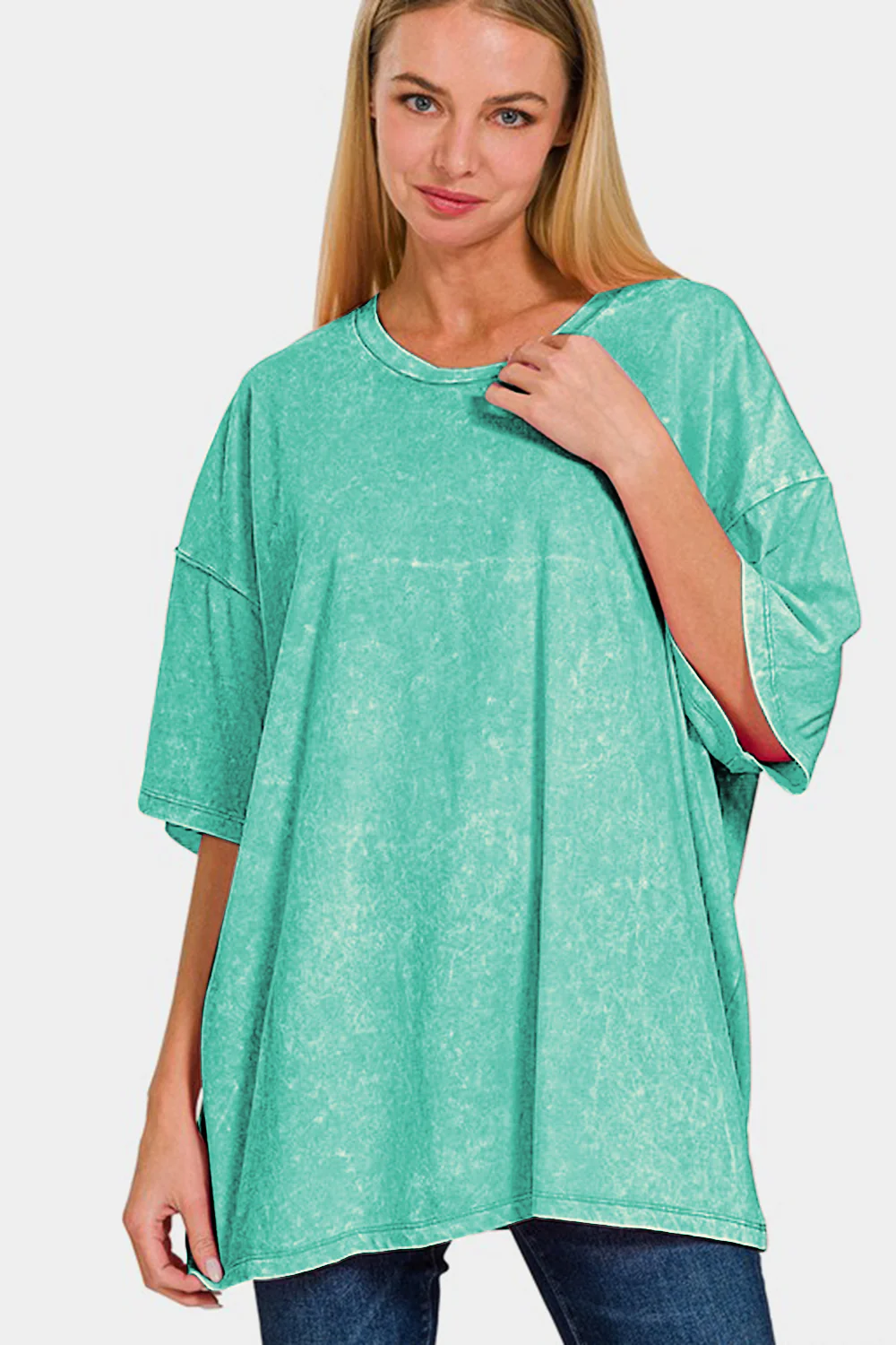 Zenana Full Size Washed Round Neck Drop Shoulder Oversized T-Shirt - Image 2