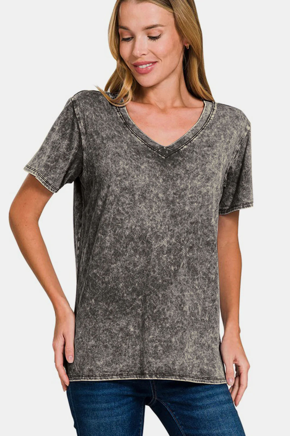 Zenana Full Size Washed Short Sleeve V-Neck T-Shirt - Image 2