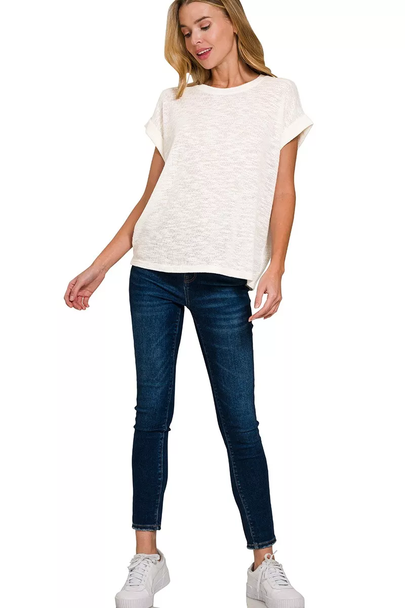 Zenana Hacci Slub Rolled Up Sleeve Tee - Image 3