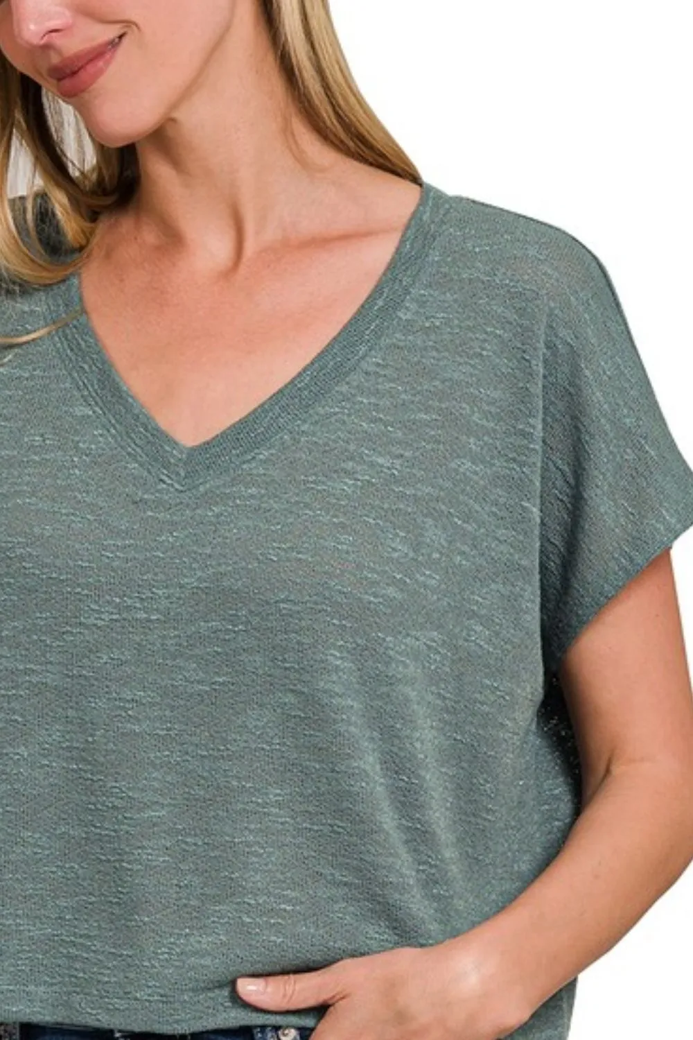 Zenana Hacci Slub V-neck Drop Shoulder Crop Top - Image 3