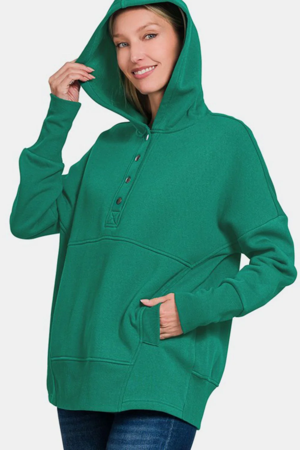 Zenana Half Snap Long Sleeve Hoodie with Kangaroo Pocket - Image 3